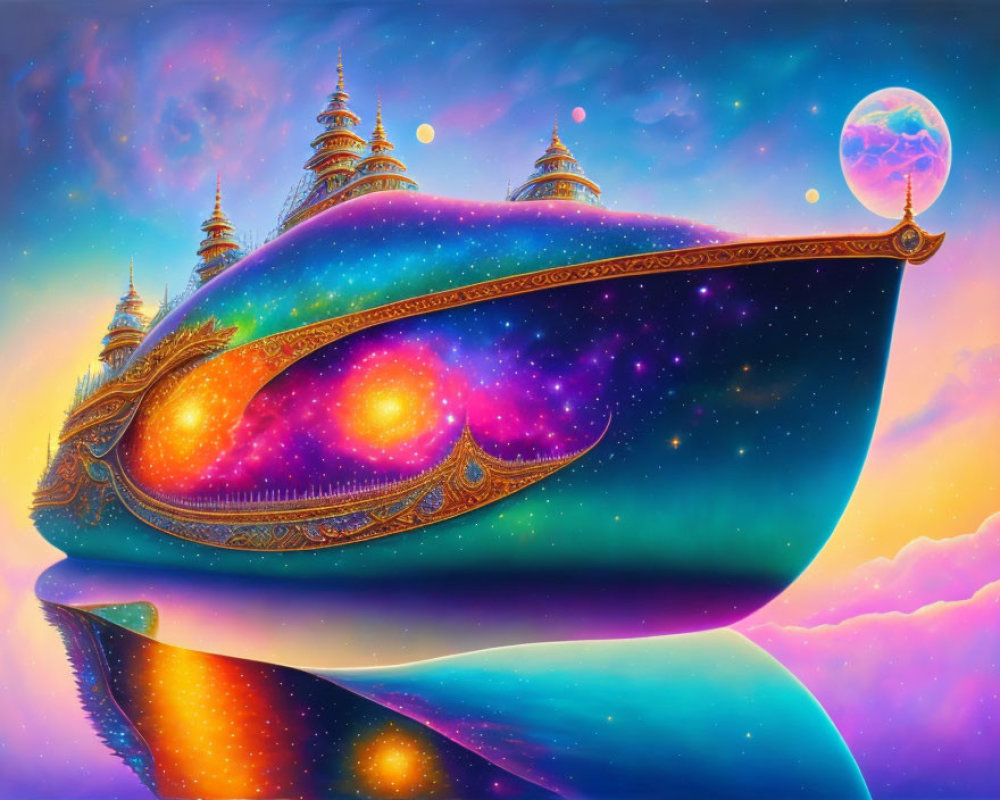 Colorful surreal artwork: cosmic genie's lamp in galaxy with towers, reflective surface, distant planet