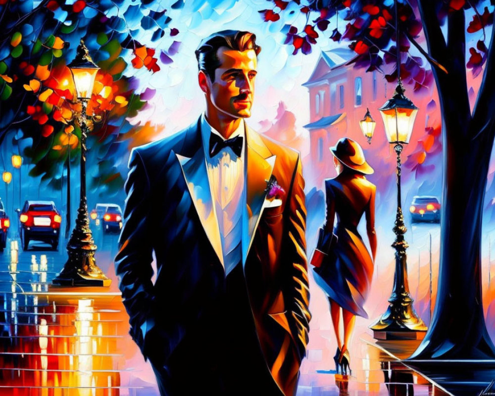 Colorful Painting of Dapper Man in Tuxedo on City Street