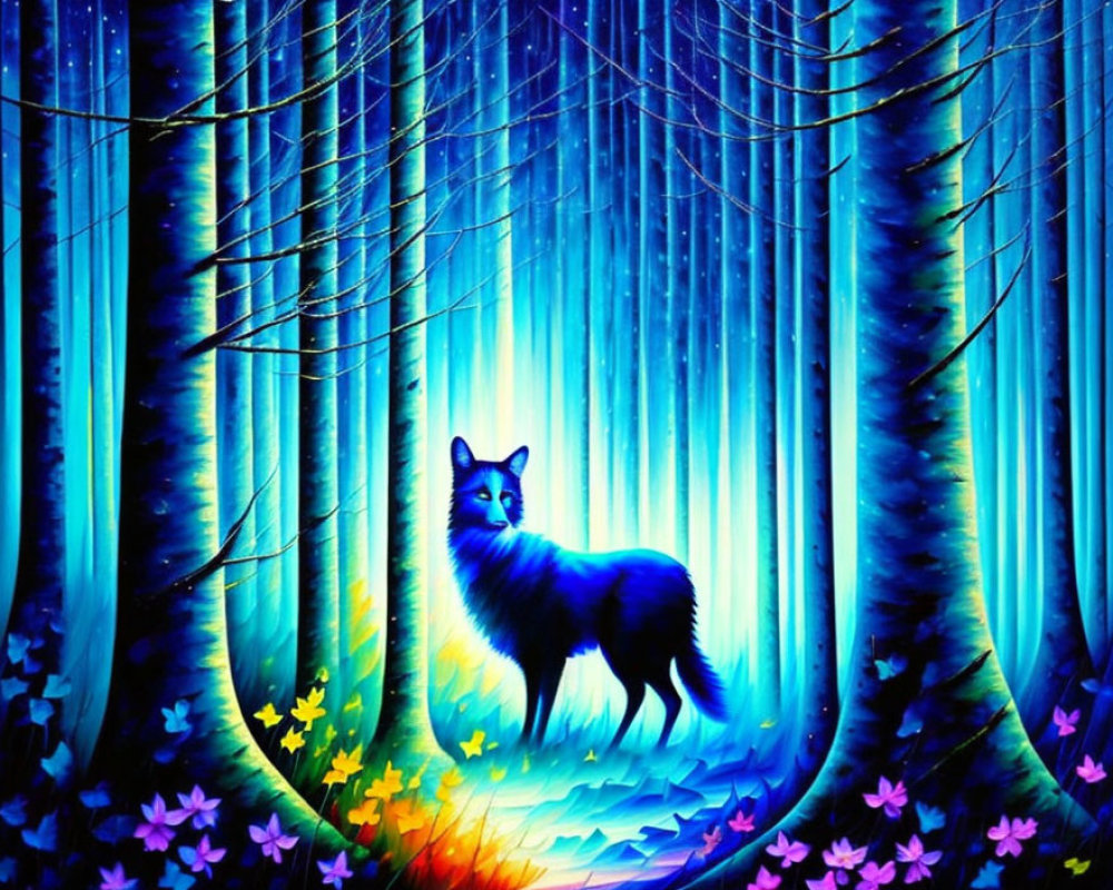 Blue fox in enchanted forest under starry sky with luminous trees & radiant flowers