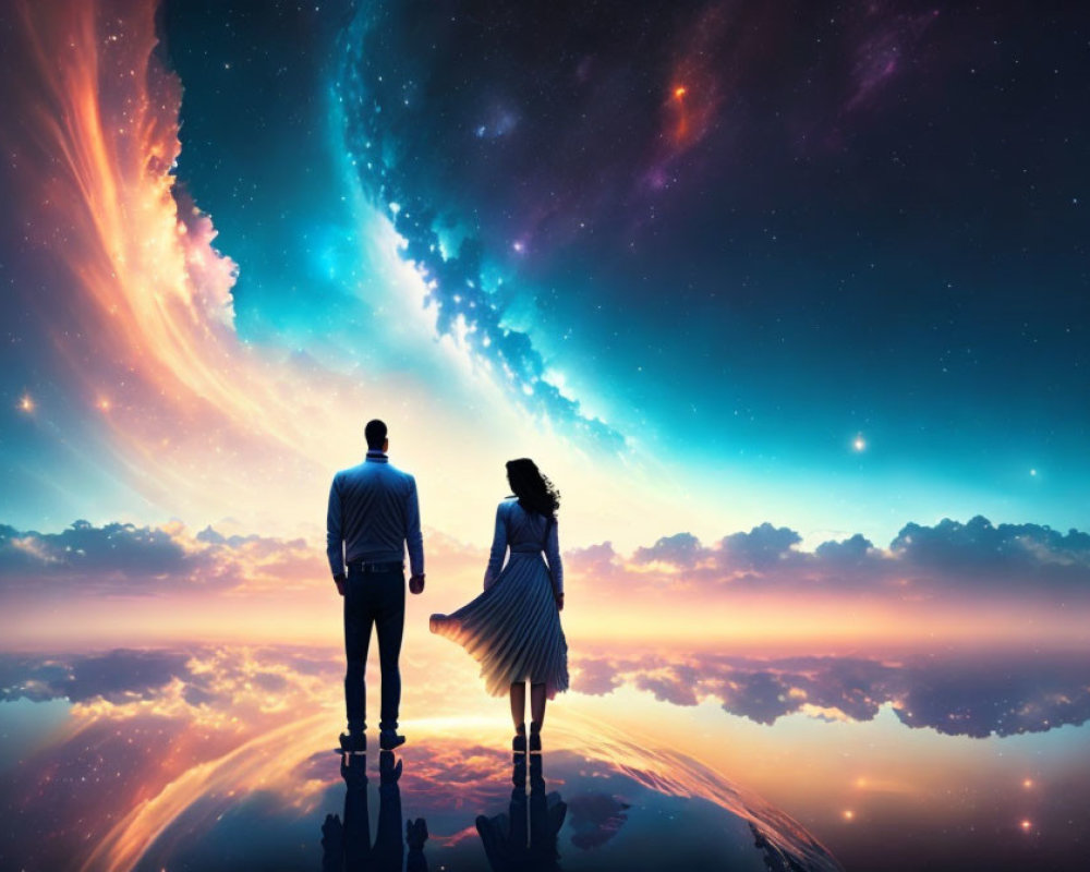 Couple holding hands under cosmic sky reflection