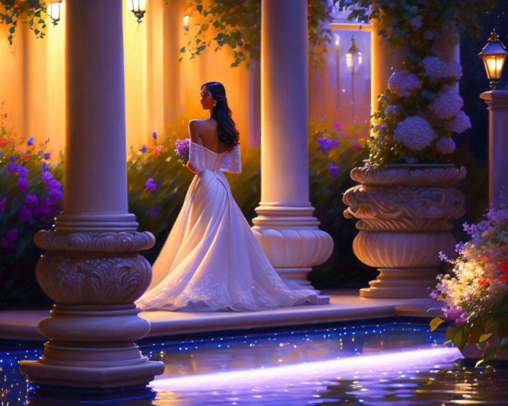 Woman in White Gown Contemplating Night Garden