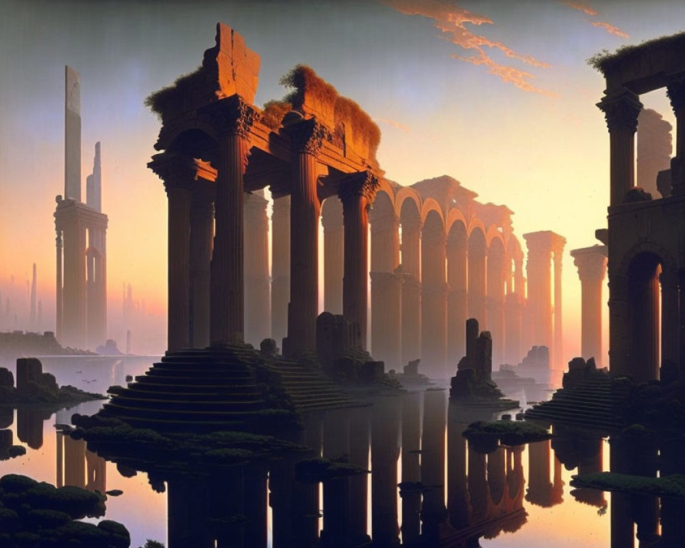 Classical columns and arches in tranquil water at sunrise