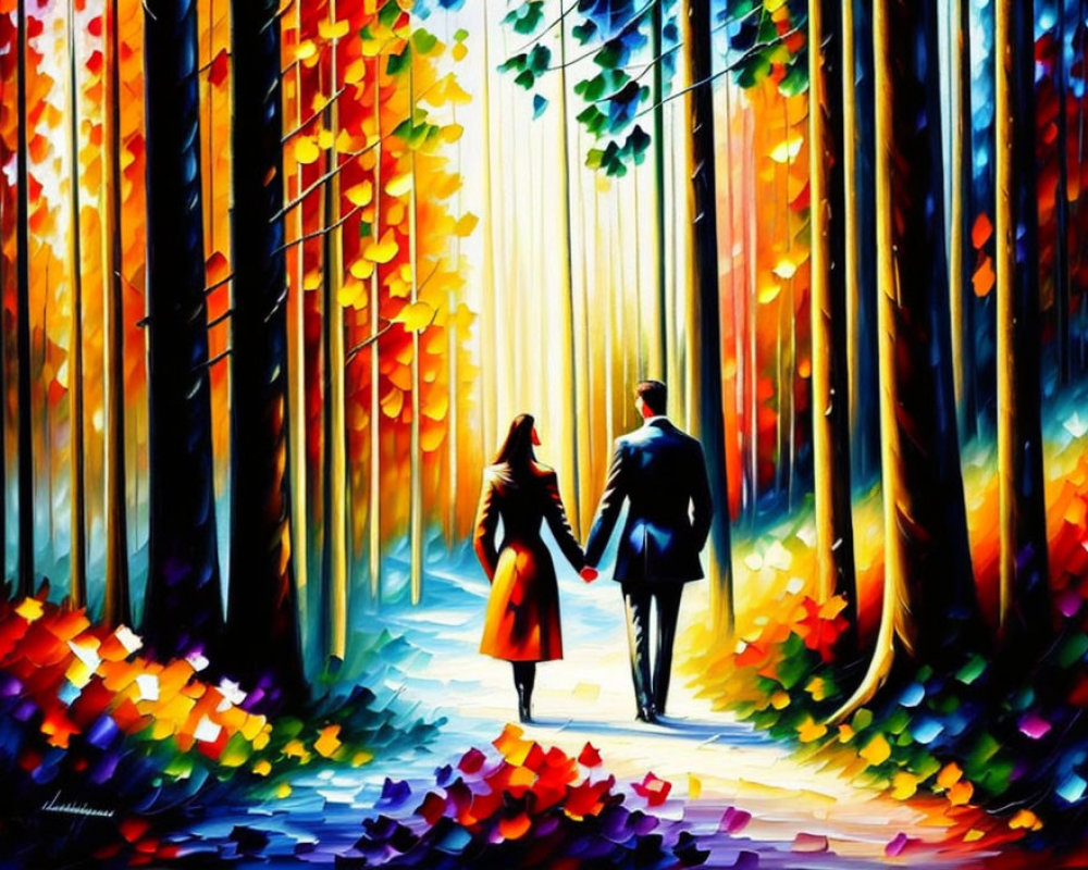 Colorful Autumn Forest Painting: Couple Walking Hand in Hand