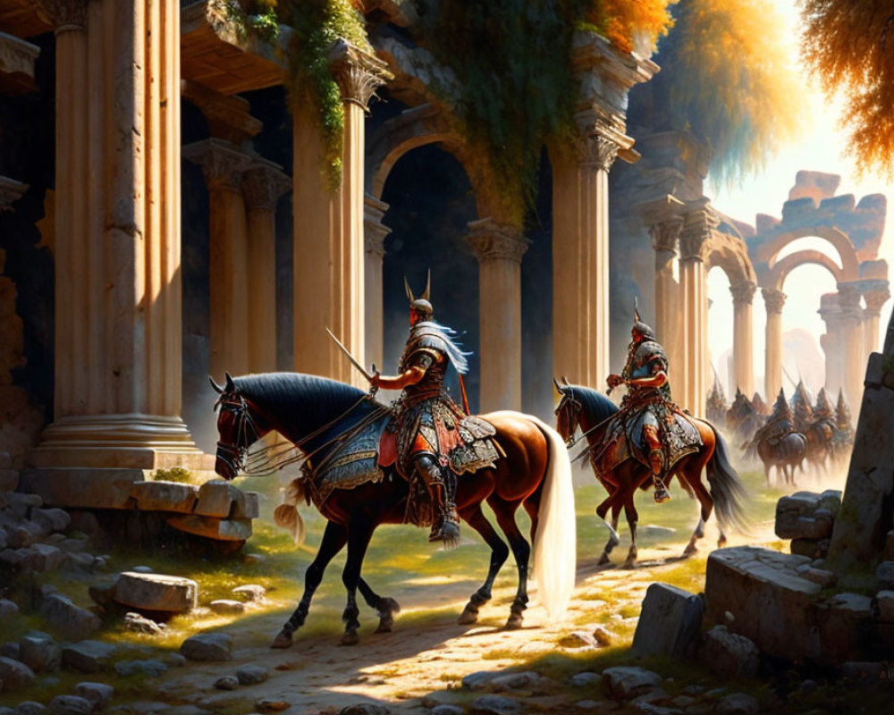 Medieval knights on horseback in ornate armor among ancient ruins.