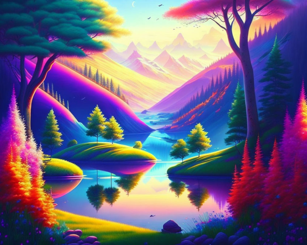 Colorful Landscape with Purple Skies, Pink and Blue Trees, Lake, Mountains