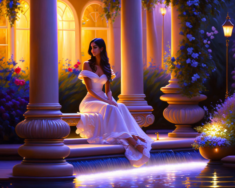 Woman in white gown by fountain at night with lantern light and flowers.