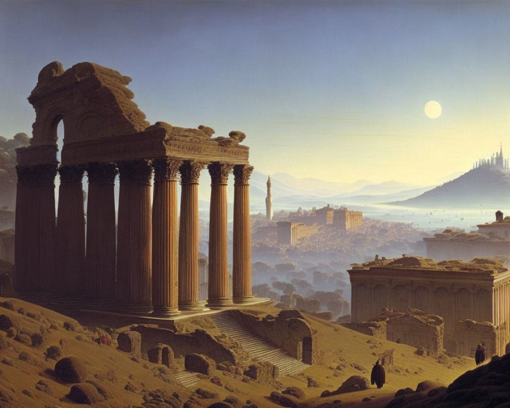 Ancient ruins painting: Corinthian columns, misty valley, classical buildings, calm sky.