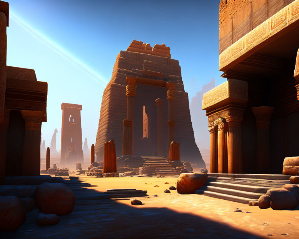 Ancient desert temple with towering stone structures and staircases