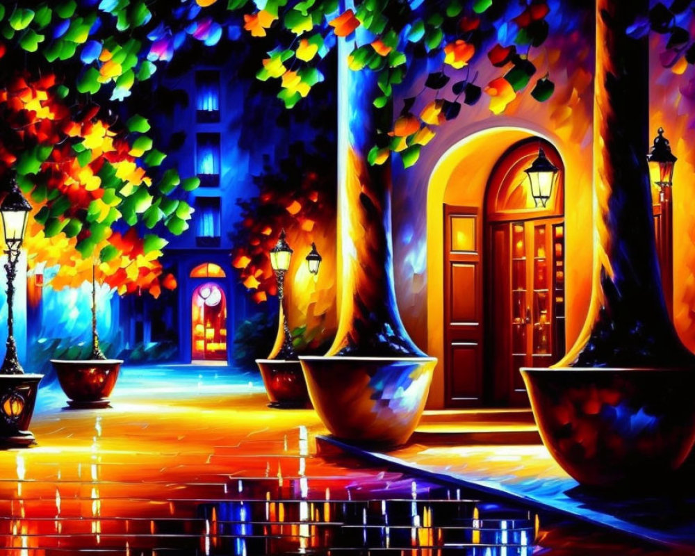 Colorful Cobblestone Street Painting with Glowing Lamps