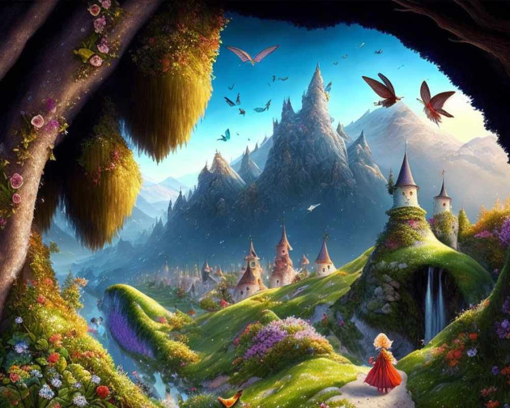 Enchanting fairy-tale landscape with castles, waterfall, mountains, woman in red dress,