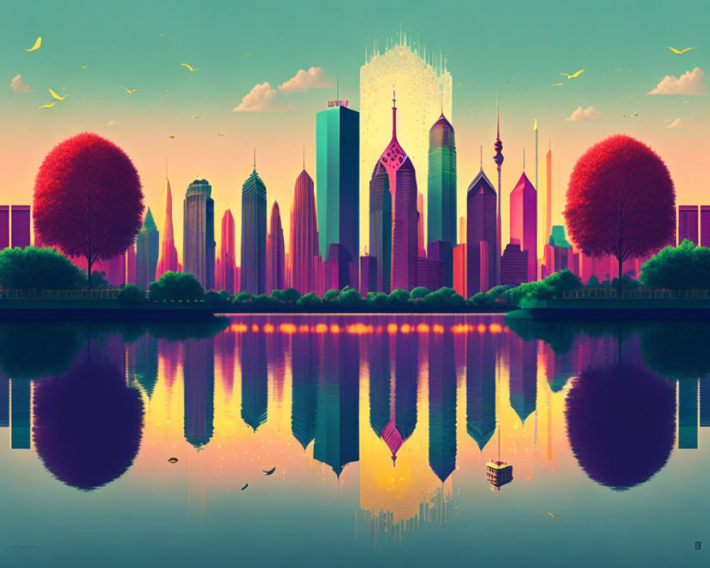 Colorful Cityscape with Futuristic Buildings and Nature Reflections