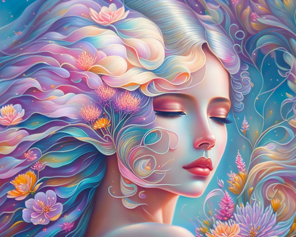 Vibrant artistic illustration of serene woman with flowing hair and flowers