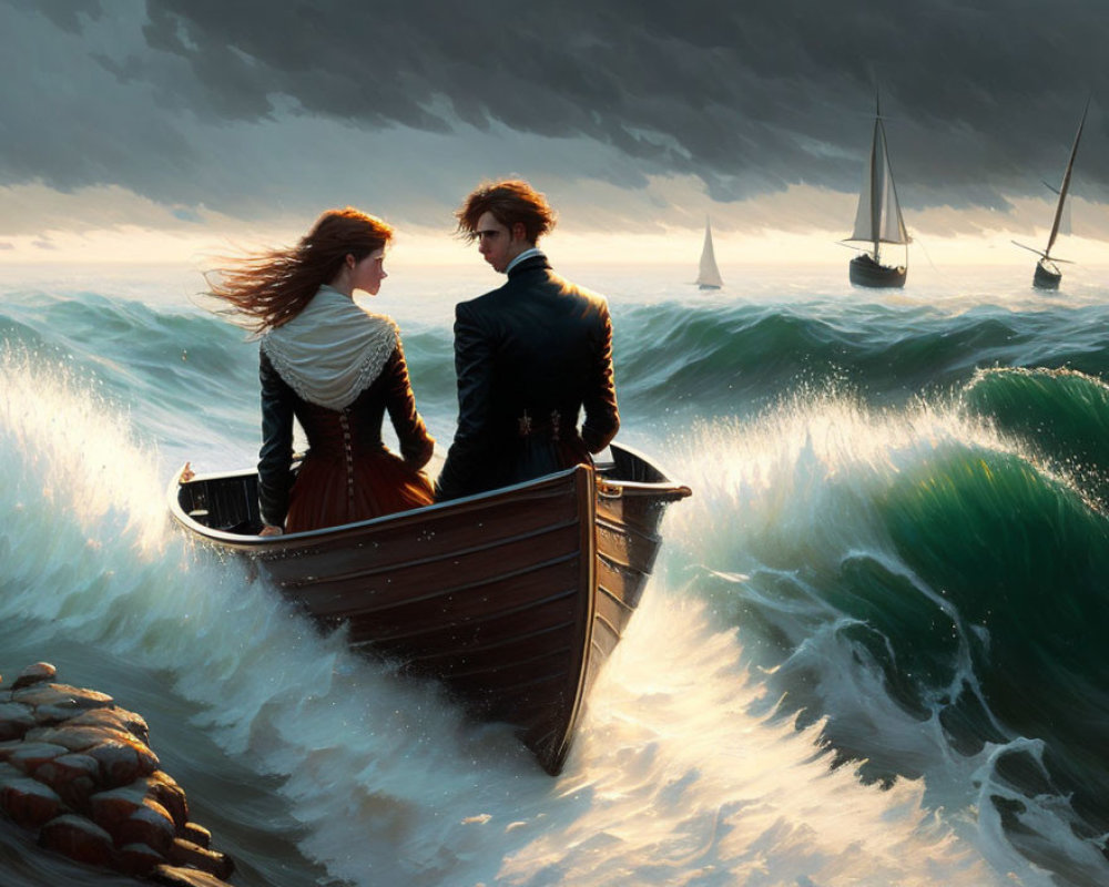 Two individuals in a small boat amid stormy seas with sunlight peeking through.