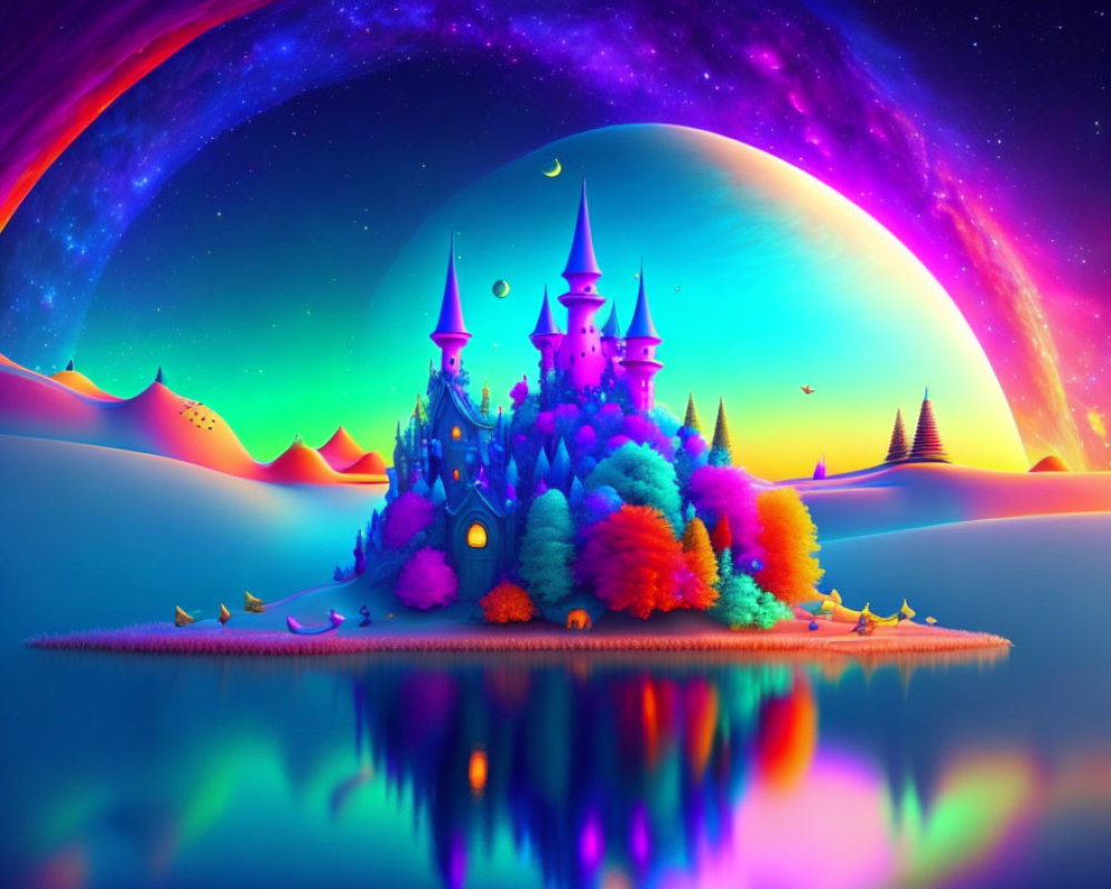 Fantasy landscape with magical castle, colorful trees, starry sky, planet, and auroras