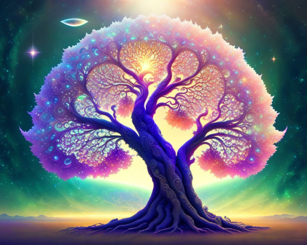 Colorful mystical tree illustration under starry sky with UFO and planets