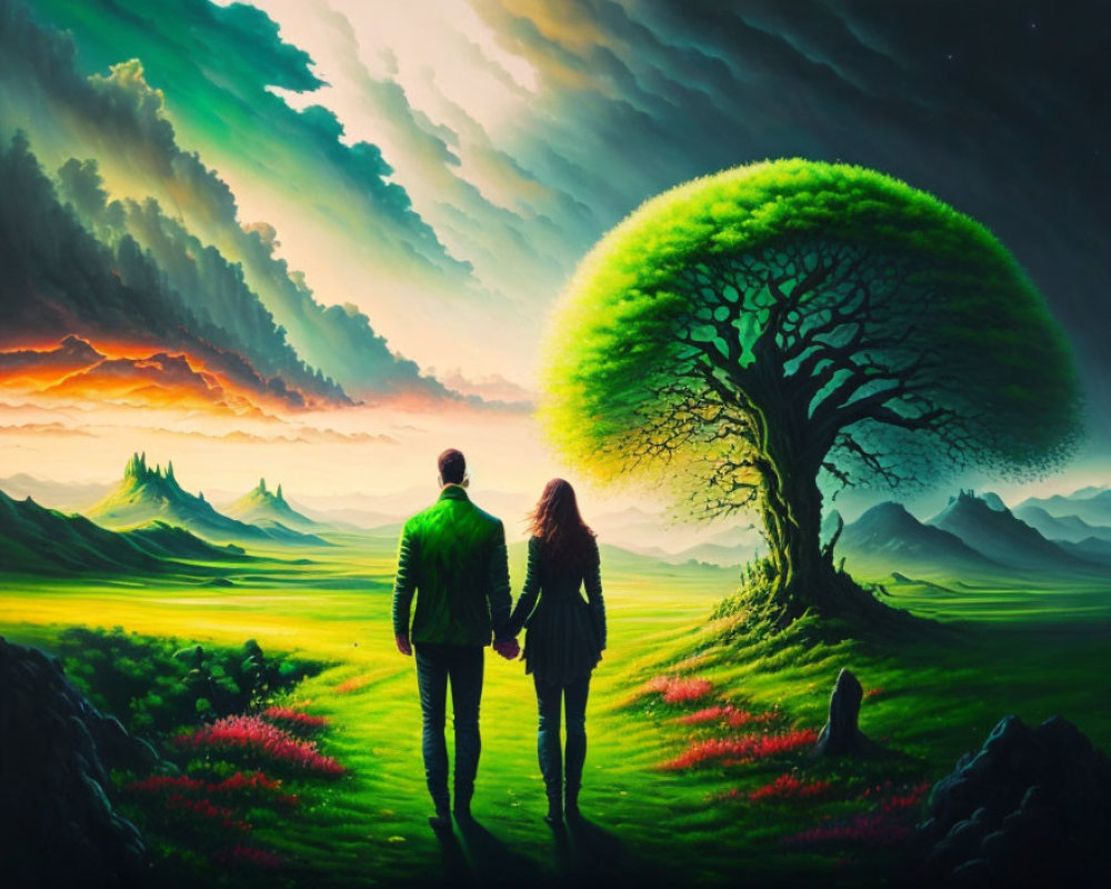 Couple walking towards vibrant tree under majestic sky