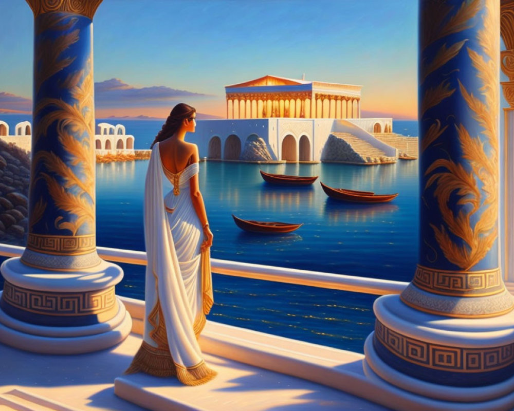 Ancient Greek woman on balcony overlooking serene harbor at sunset