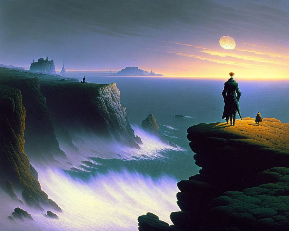 Person with dog on cliff overlooking misty sea, castles, moonlit twilight sky