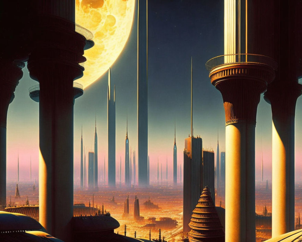 Futuristic cityscape with towering spires and large moon