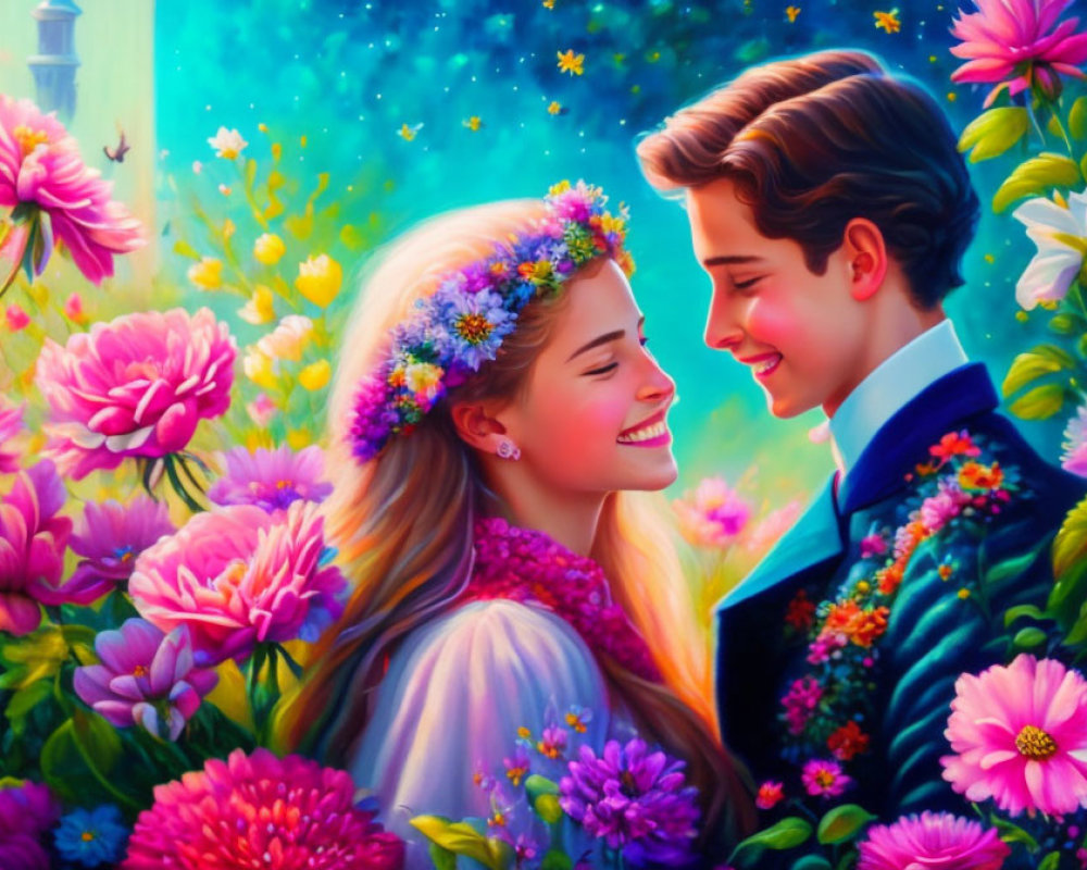 Colorful illustration: Smiling couple amid blooming flowers