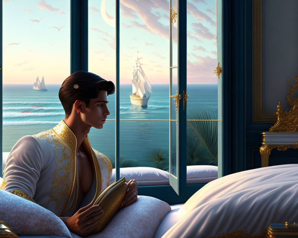 Man in classical room gazes at sea with ships, holding a book