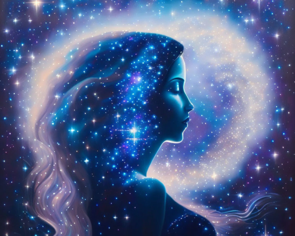 Woman's Hair and Skin Blend into Starry Galaxy with Bright Stars