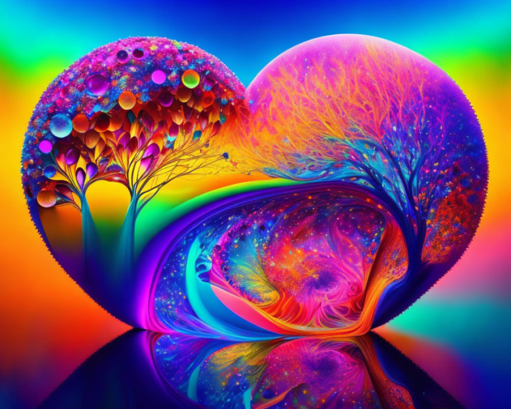 Colorful digital artwork: Two vibrant tree-like structures with swirling branches on psychedelic background, reflected surface