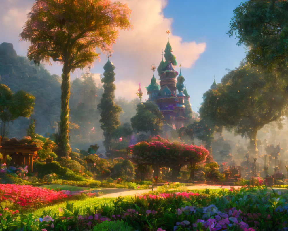 Fantastical sunset landscape with vibrant flowers, whimsical trees, and magical castle.