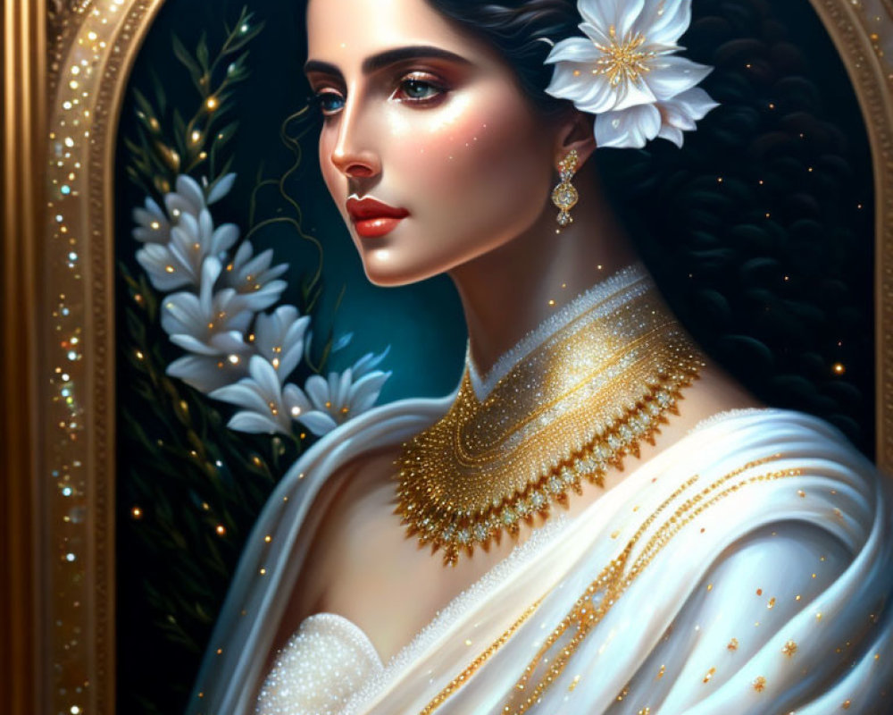 Woman in White Saree with Gold Embroidery and Jewelry Standing by Ornate Mirror