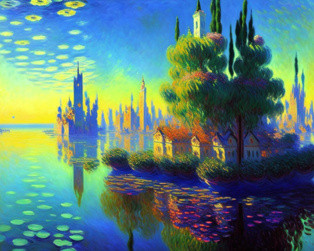 Colorful Impressionistic Landscape with Reflective Water and Whimsical Buildings