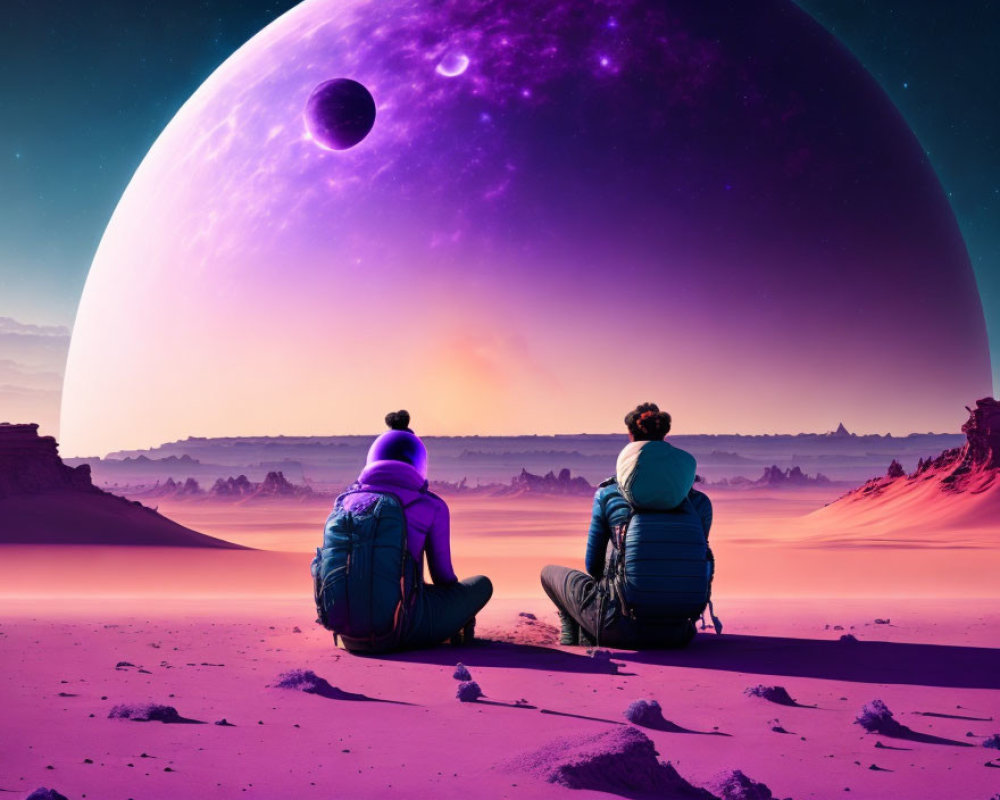 Two individuals admiring alien landscapes with giant purple planet and moon.