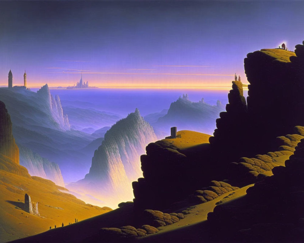 Surreal landscape with towering cliffs and spire-like formations at twilight