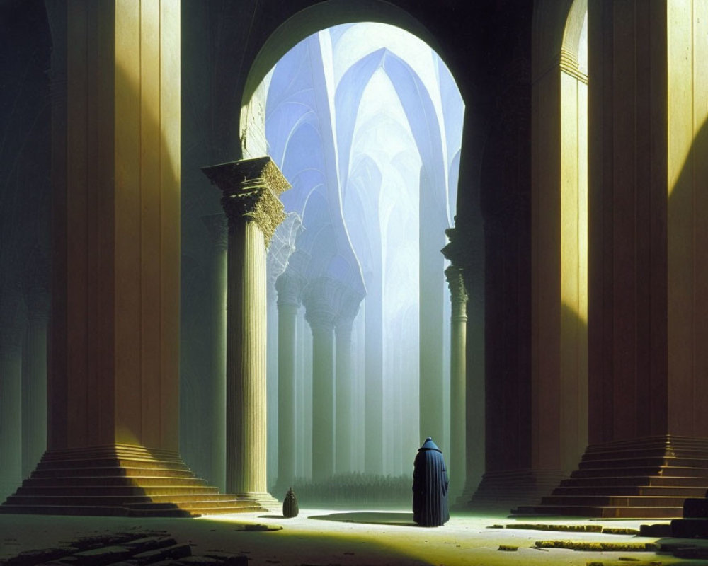 Solitary figure in grand, sunlit hall with columns and arches