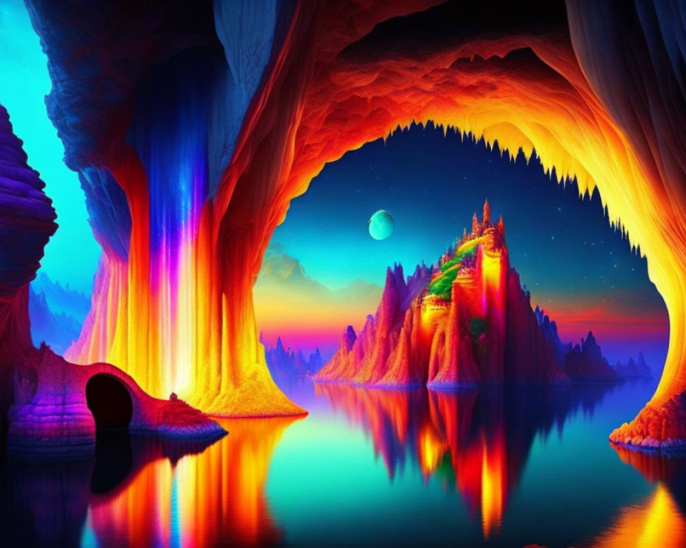 Colorful Cave Walls Overlooking Moonlit Mountain Lake