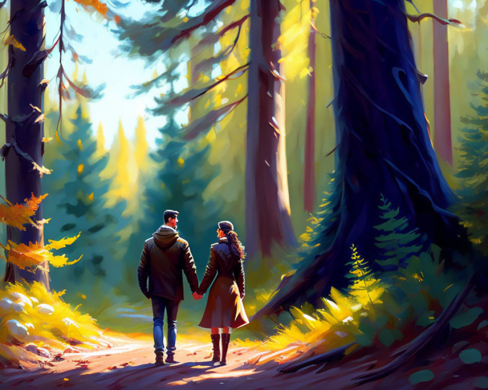 Couple walking in sunlit forest with autumn leaves