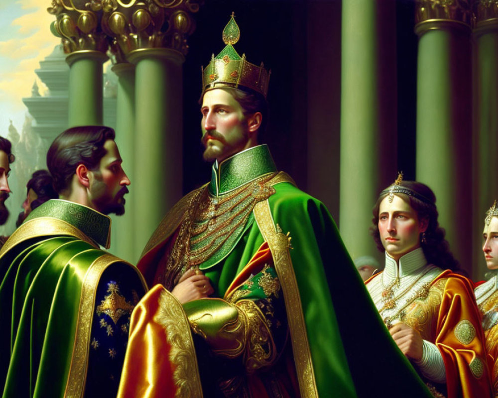 Royal Figure in Green and Gold Robe Surrounded by Noblemen in Palatial Setting