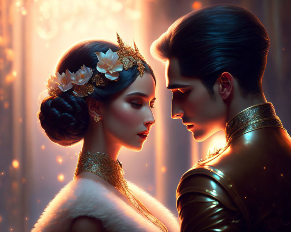 Regal Couple in Intimate Moment Surrounded by Golden Light