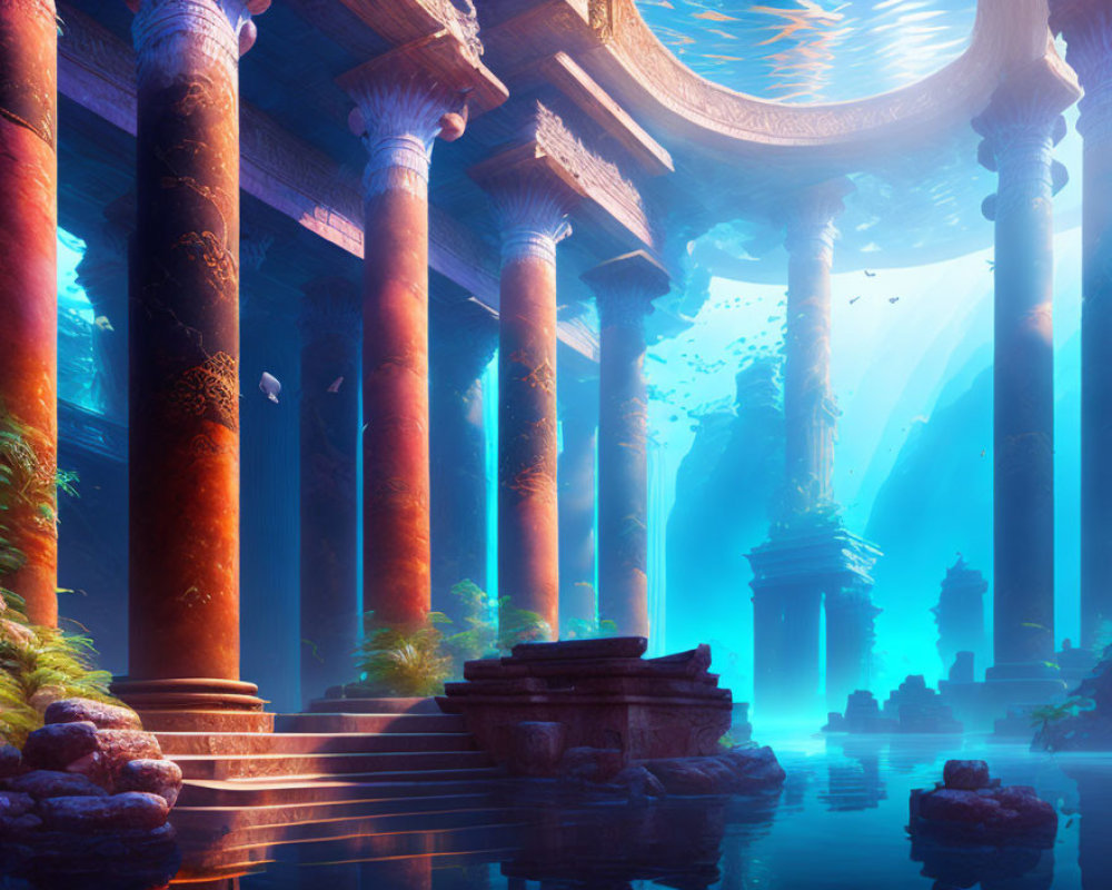 Underwater fantasy temple with towering columns and sunbeams in a tranquil blue ambiance