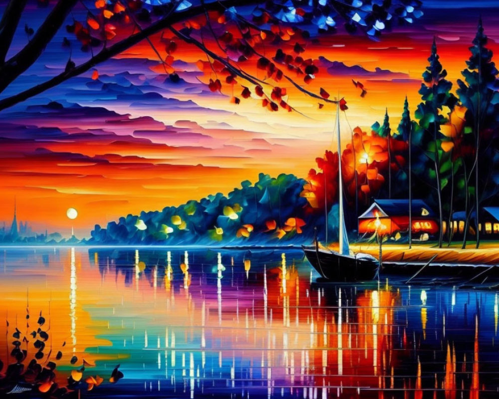 Colorful sunset painting of lake with boat, trees, cabin