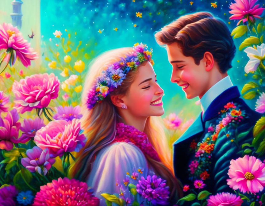 Colorful illustration: Smiling couple amid blooming flowers