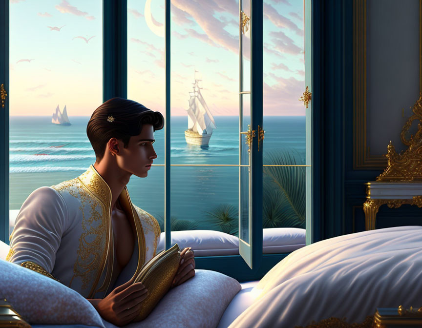 Man in classical room gazes at sea with ships, holding a book