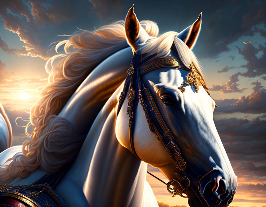 White horse with flowing mane in intricate bridle against dramatic sunset.