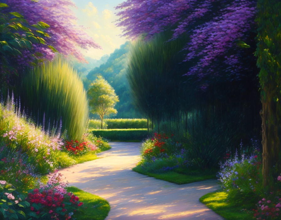 Tranquil garden path with vibrant purple and pink flowers