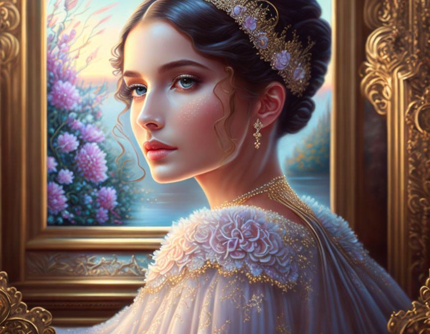 Regal woman illustration with golden jewelry and white dress