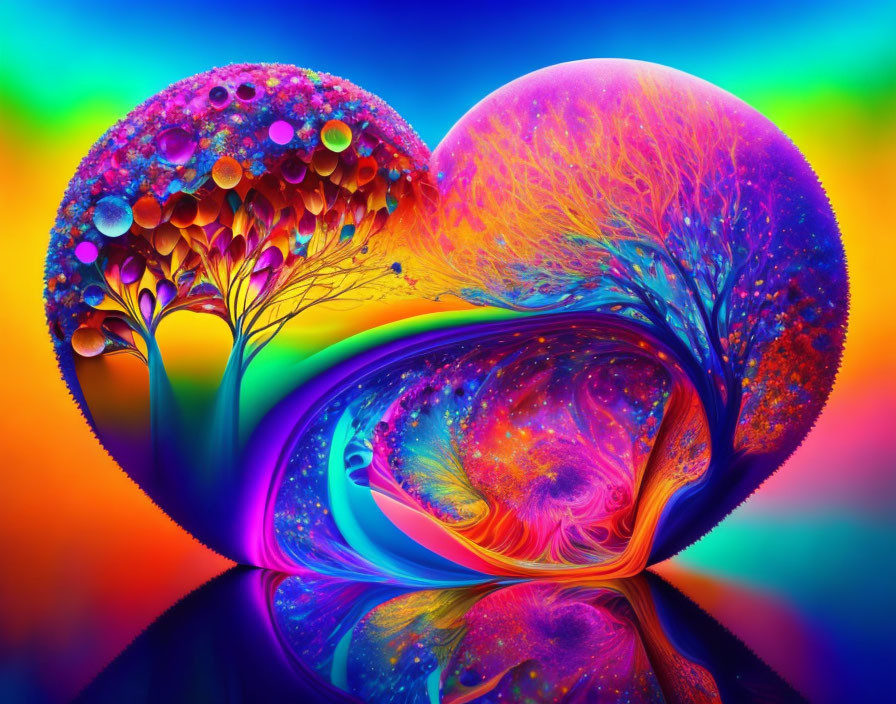 Colorful digital artwork: Two vibrant tree-like structures with swirling branches on psychedelic background, reflected surface