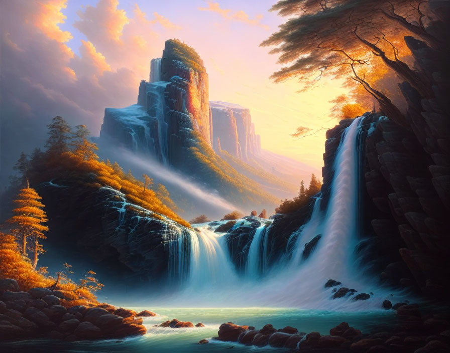 Majestic waterfalls in ethereal landscape with autumn trees