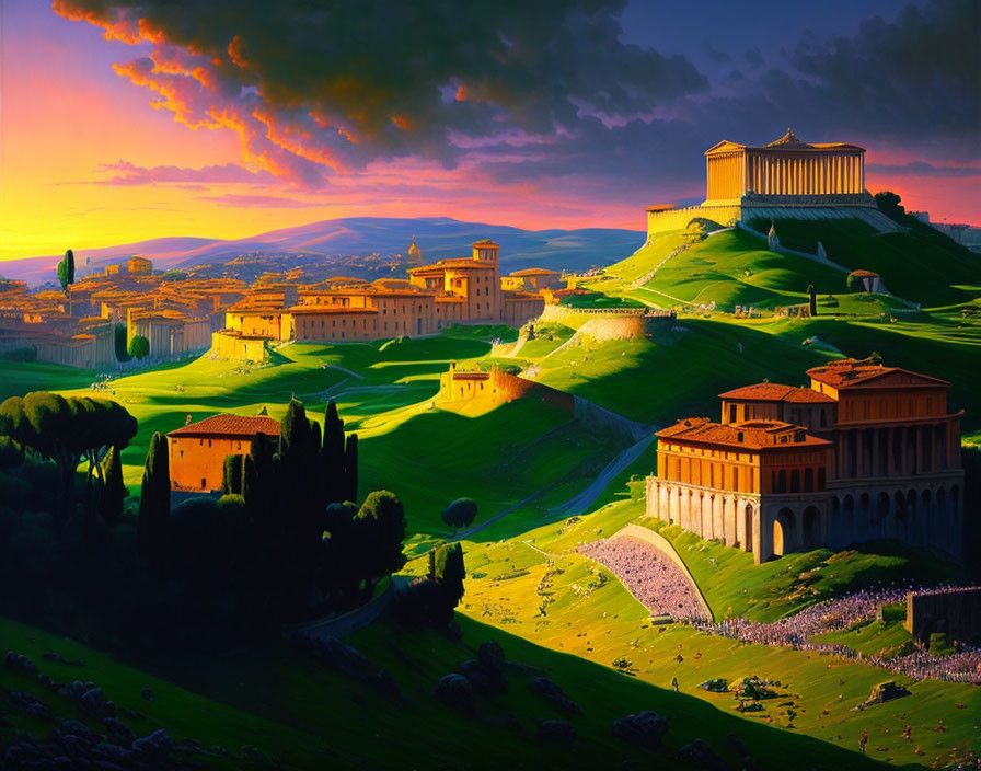 Colorful Ancient Roman Cityscape Painting at Sunset