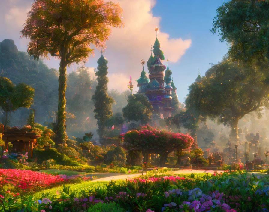 Fantastical sunset landscape with vibrant flowers, whimsical trees, and magical castle.