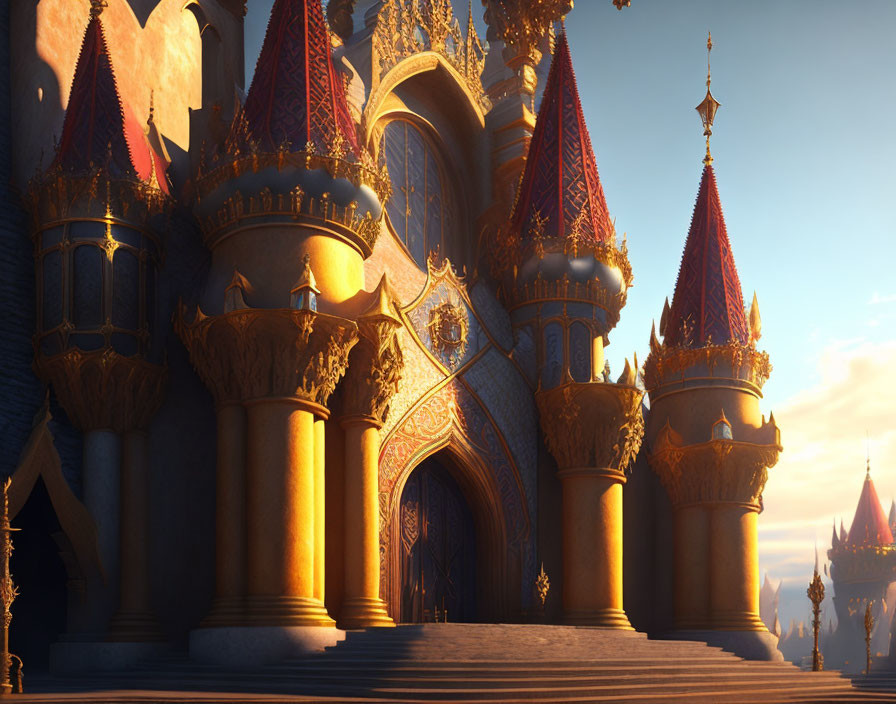 Majestic castle with golden details at sunrise or sunset