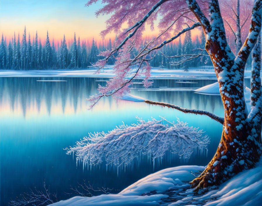 Snow-covered tree in serene winter landscape with icy branches and pastel skies reflected in blue lake.